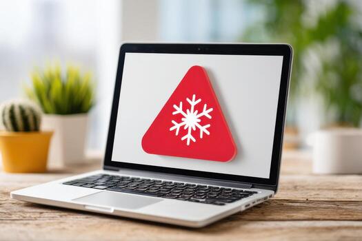 Laptop displaying email freeze warning alert with red snowflake icon on screen, surrounded by indoor plants and wooden table, conveying urgency and caution in digital communication photo