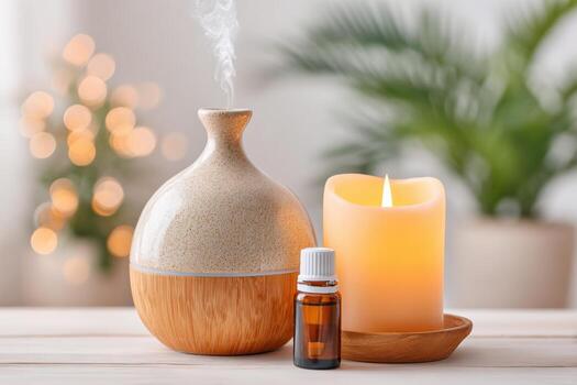 acogedor noche ritual presentando esencial aceites, un cerámico difusor, y un brillante vela, creando un calentar y atractivo atmósfera para relajación y cuidados personales foto