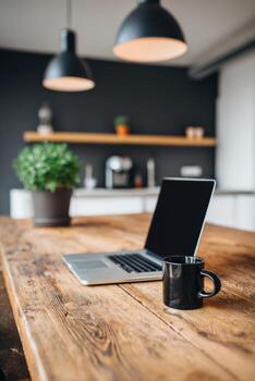 contemporáneo espacio de trabajo presentando un pulcro ordenador portátil en un rústico quemado madera mesa, complementado por un negro café jarra y verdor, creando un moderno y atractivo atmósfera foto