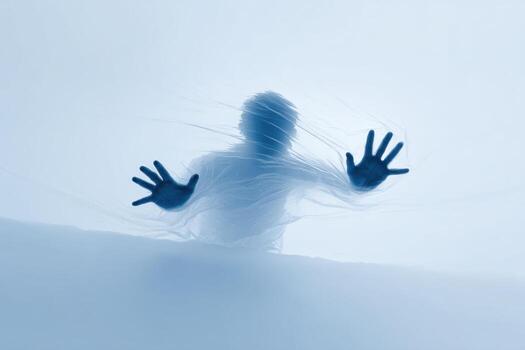 Pale ghostly figure appears trapped behind translucent white material, hands pressed against surface, creating an ethereal and haunting atmosphere of entrapment and isolation photo