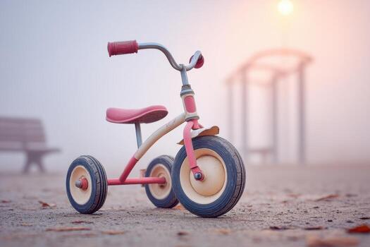 Child's tricycle left in an empty foggy playground, surrounded by soft mist and autumn leaves, creating a serene and nostalgic atmosphere with copy space photo