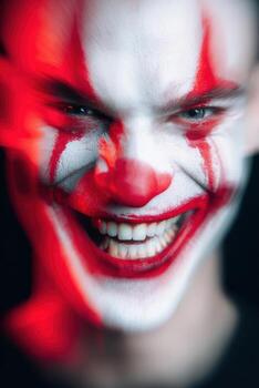 Smiling man with smeared clown makeup, showcasing vibrant colors and expressive features, creating a playful and whimsical atmosphere in a dramatic portrait photo