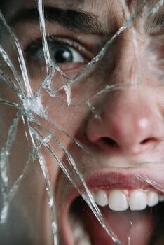 Distorted mirror reflection of a screaming woman, showcasing intense emotion and fragmented glass, creating a dramatic and unsettling visual experience with copy space photo