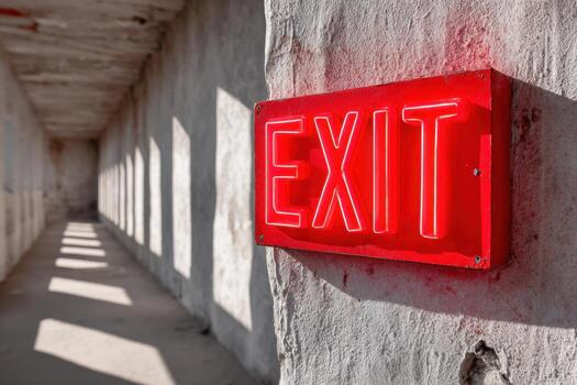 Glowing red emergency exit sign illuminates abandoned corridor, casting shadows on weathered walls, highlighting the contrast between light and decay in a forgotten space photo
