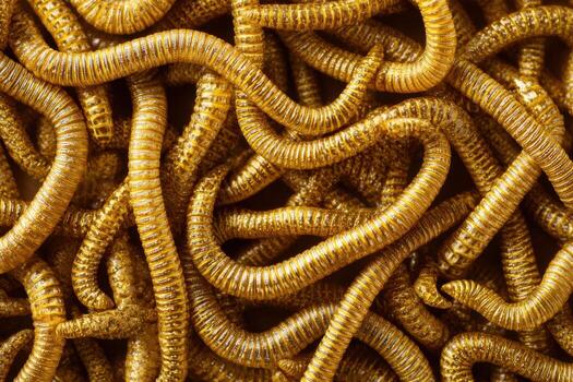 Abstract composition of intertwined golden worms creating a mesmerizing visual pattern, showcasing intricate textures and organic shapes in a captivating arrangement photo
