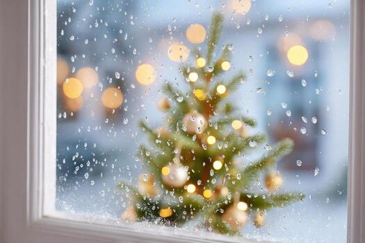 Warmly lit Christmas tree adorned with blurred ornaments, viewed through a rain-speckled window, creating a cozy holiday atmosphere with soft bokeh lights photo