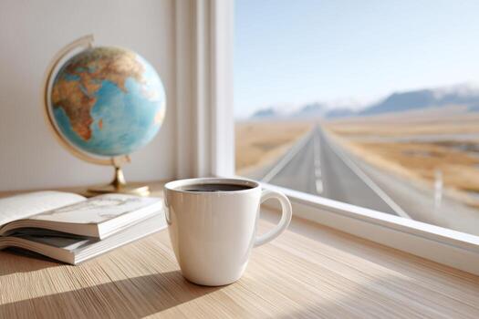 minimalista espacio de trabajo presentando un globo, café taza, y abierto libro por el ventana, exhibiendo un sereno ver de un distante la carretera y paisaje con Copiar espacio foto