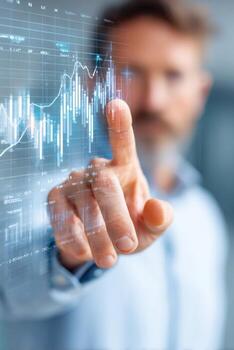 Entrepreneur pointing at digital graph on screen, showcasing data analysis and business growth strategies in a modern office environment with a professional atmosphere photo