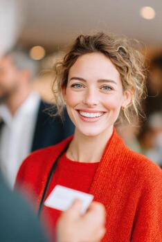 Smiling woman in red sweater is exchanging business cards with another person at a networking event, showcasing professional interaction and engagement in a vibrant atmosphere photo