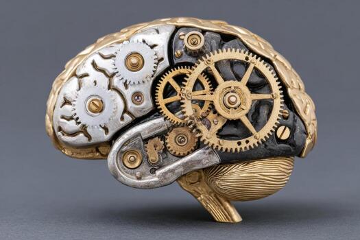 Steampunk brain sculpture crafted from brass gears and cogs, showcasing intricate mechanical details and textures, symbolizing innovation and creativity with copy space photo