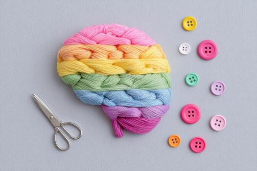 Brain made from colorful tangled yarn in rainbow hues, surrounded by vibrant buttons and scissors, showcasing creativity and artistic expression with copy space photo