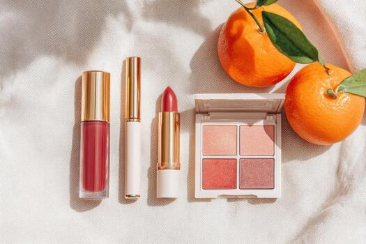 Flat lay of makeup products in shades of cherry, featuring lipsticks and eyeshadow palette, complemented by fresh oranges, creating a vibrant and appealing beauty scene with copy space photo