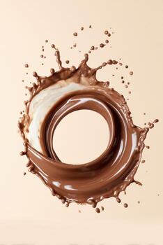 Elegant liquid chocolate swirl creating an oval shape, showcasing rich textures and dynamic movement, perfect for dessert themes and culinary presentations with copy space photo