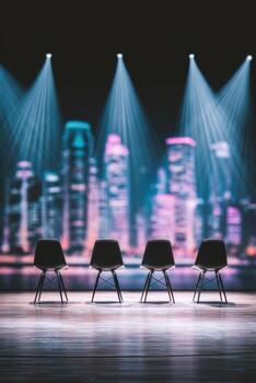 Panel discussion setup with four chairs illuminated by moody backlighting, creating an engaging atmosphere for an event in an urban setting with city skyline backdrop photo