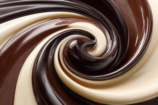 Swirl of dark and milk chocolate creating a mesmerizing pattern, showcasing rich textures and glossy surfaces, perfect for culinary and dessert-themed projects photo