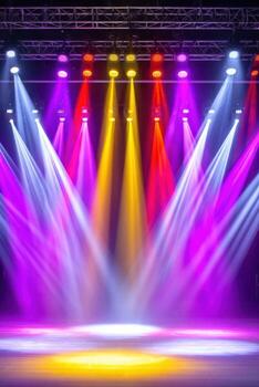 Stage illuminated with vibrant RGB moving head lights casting colorful beams, creating a dynamic atmosphere for performances and events with copy space photo