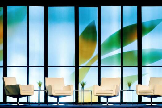 Panel discussion setup featuring white chairs and glass backdrop with moody backlighting, creating an inviting atmosphere for engaging conversations and presentations photo