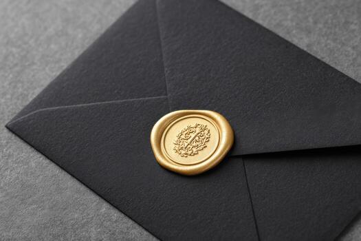 Black matte luxury invitation card with gold seal, elegantly designed for special occasions, showcasing sophistication and style in a minimalist presentation with copy space photo