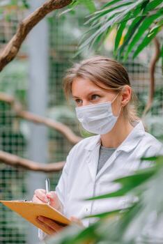 Scientist in white lab coat observes monkey behavior in a lush environment, taking notes on clipboard, surrounded by vibrant greenery and natural habitat elements photo