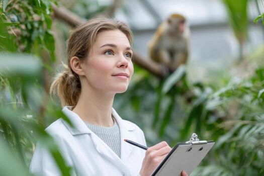Scientist studying monkey behavior in a lush observation environment, taking notes on clipboard, surrounded by vibrant greenery and a curious monkey in the background photo