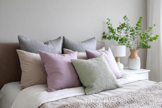 Minimalist bedroom design featuring soft pillows in various shades, complemented by a stylish lamp and greenery, creating a serene and inviting atmosphere with copy space photo