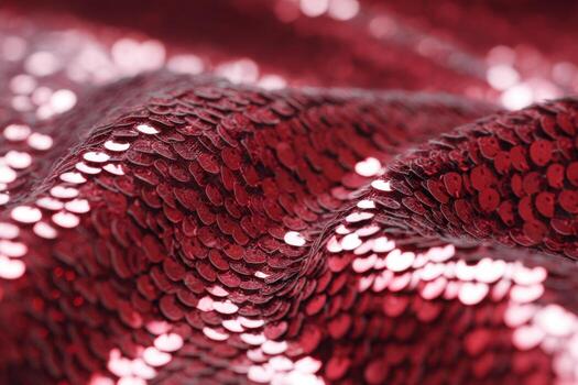 Close up of shimmering red sequin fabric displaying intricate textures and vibrant colors, perfect for fashion design, textiles, and creative projects with copy space photo