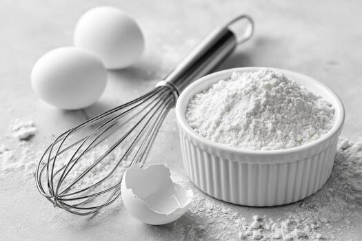 Flour dusted surface with cracked eggshells, a whisk, and whole eggs, creating a culinary scene that evokes baking and cooking preparation in a kitchen environment photo