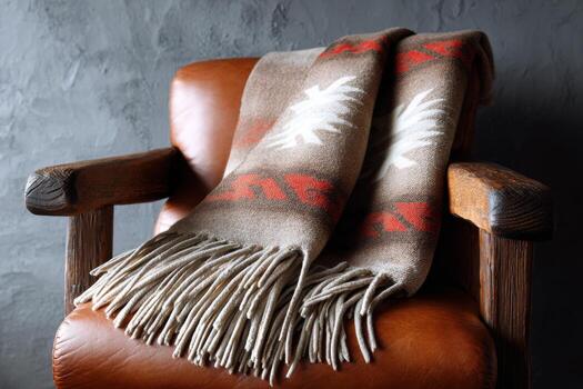 Handcrafted native american textile draped over rustic wooden chair, showcasing intricate patterns and textures, creating a warm and inviting atmosphere in a cozy interior setting photo