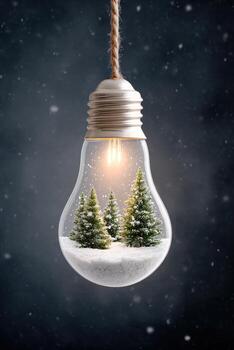 miniatura bosque con hojas perennes arboles y nevada adjunto dentro un ligero bulbo, creando un caprichoso invierno escena con encantador ambiente y único visual cuentacuentos foto