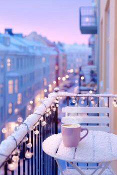 Snowy city balcony at night adorned with glowing string lights, featuring a cozy cup on a table, creating a warm and inviting winter atmosphere with copy space photo