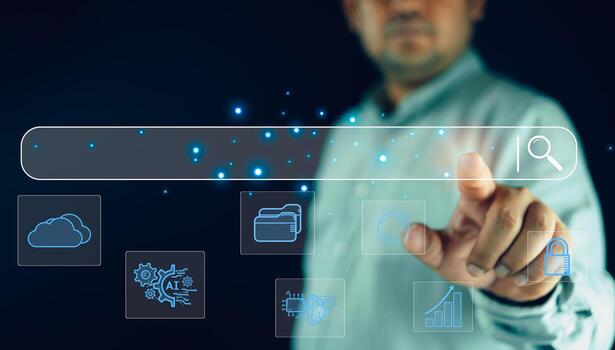 Man hand tapping on virtual search bar while using laptop, show search for information with internet technology connection photo