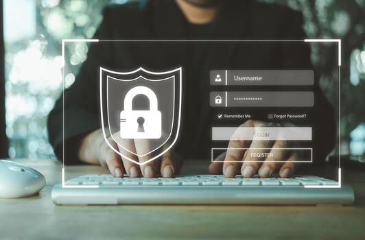 Office worker typing on keyboard with interface with password field and user icons. Concept of cybersecurity. photo
