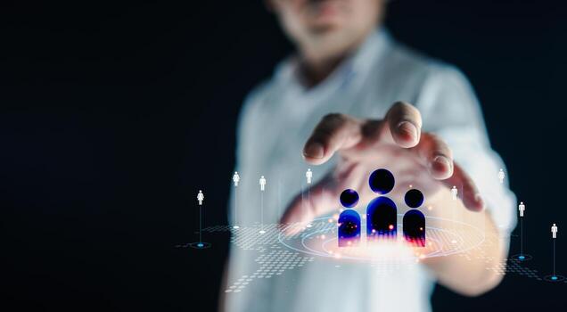 Customer data and marketing database system, Man control customer icon client. photo