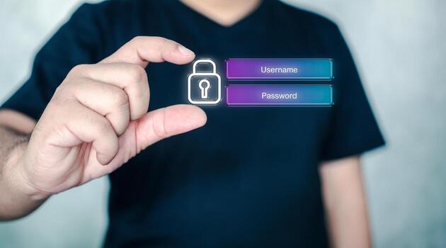 Man use password displays a secure login interface with password field and user icons. photo