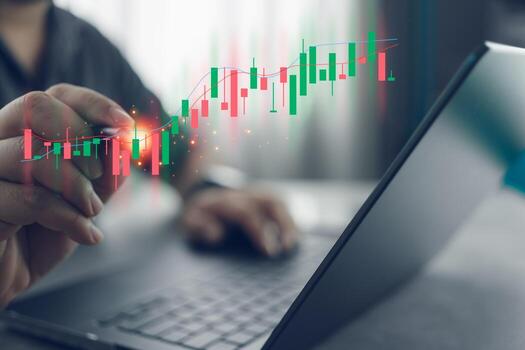 Planning and strategy, Stock market, trader or investor working at home. Technical price graph and indicator. photo