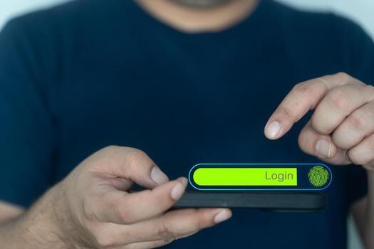 Man use fingerprint scanning for secure digital access, cybersecurity authentication and personal identity verification. photo