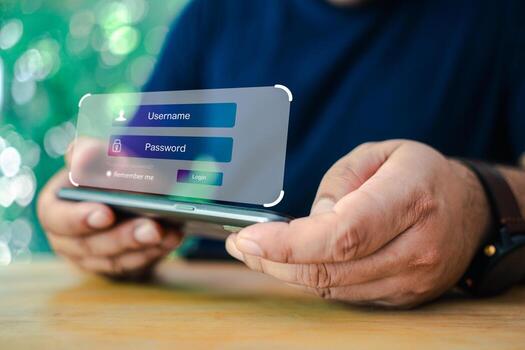 Man use smartphone typing password in glowing hud screen, with a secure login box. photo