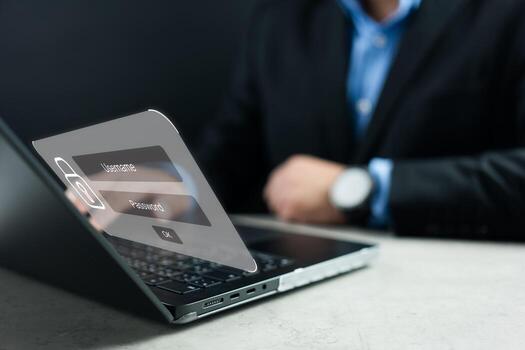 Concept of cybersecurity and secure login system. A person in formal suit typing on laptop with virtual lock icons. photo