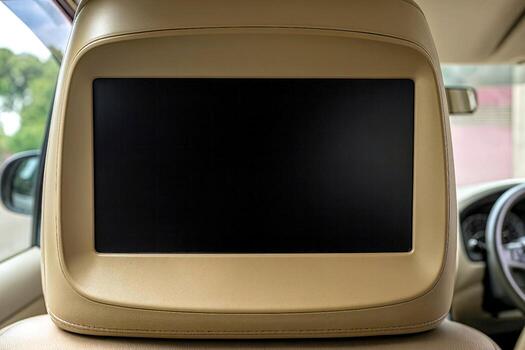 Car Interior Dashboard Display Screen With Beige Trim And Side Mirror Visible Clean Modern Cabin Detail photo