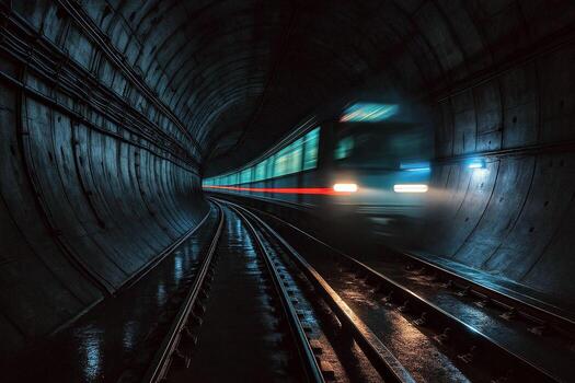 Curving subway tunnel with rails leading into distance, moody lights and deep perspective create a dramatic urban transit scene. photo