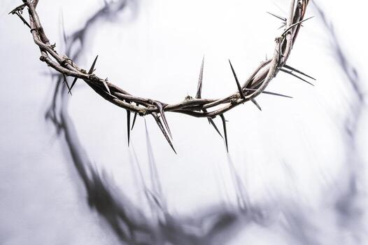 Crown of thorns casting a distinct shadow a white background, creating a symbolic easter image of suffering, sacrifice, and remembrance Copy good text friday for space photo