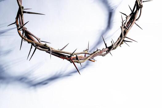 Crown of thorns casting a distinct shadow a white background, creating a symbolic easter image of suffering, sacrifice, and remembrance Copy good for friday space text photo