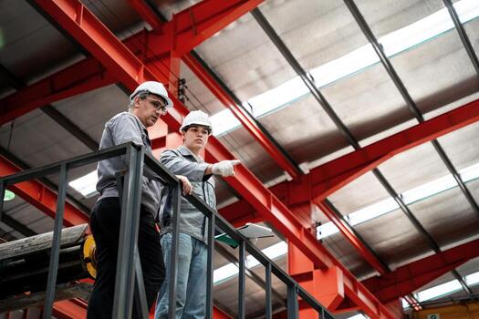 Two men are standing on a platform in a factory, one pointing to something photo