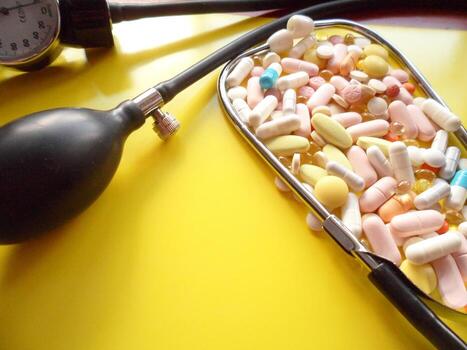 On a yellow background there is a tonometer and a bunch of various pills. photo