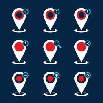 Flat design locate icon set white Add check mark, clock, magnifying glass, chat, cross, question, shield and gear vector