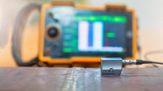 Inspector use ultrasonic testing machine for inspection defect in steel structure. photo