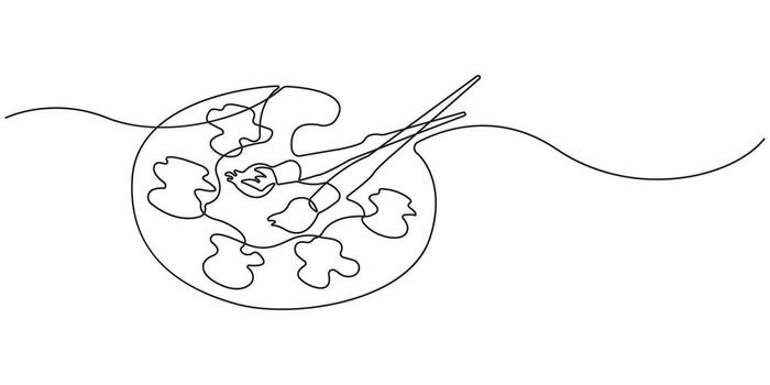 Single line drawing of an artist's palette with paint blobs and brush artistic artwork vector