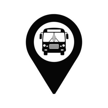 Black bus icon within a black map marker pin on white background location vector