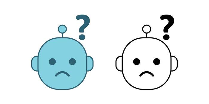 AI confused state icon showing assistant face with a question mark. Great for uncertain chatbot responses, machine learning confusion, and troubleshooting UI designs. vector