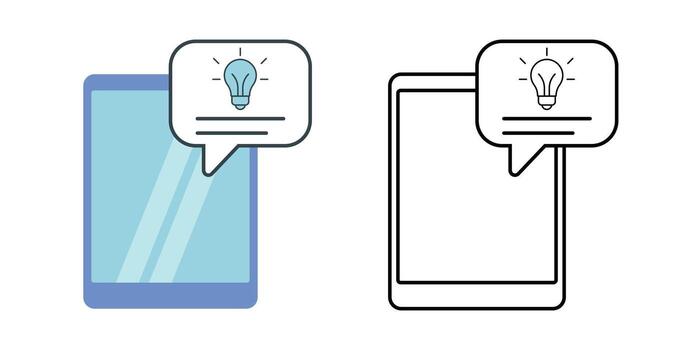 Smart display suggestion icon showing a tablet with AI tip card popping up. Ideal for user interface hints, ai recommendations, and smart home dashboard designs. vector